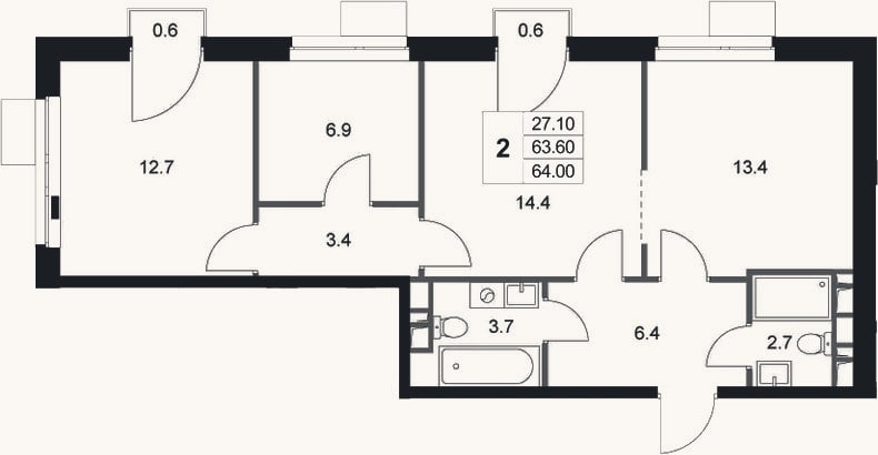 Планировка: 2-к, 63,6 м²