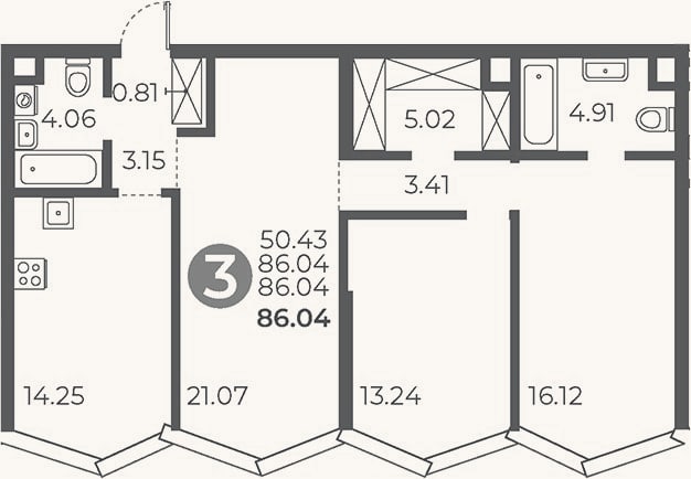 Планировка: 3-к, 86 м²