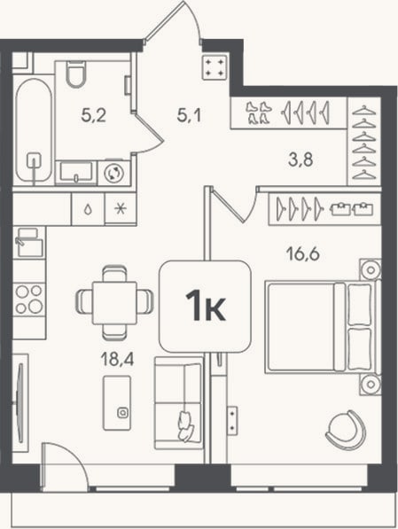 Планировка: 1-к, 49,1 м²