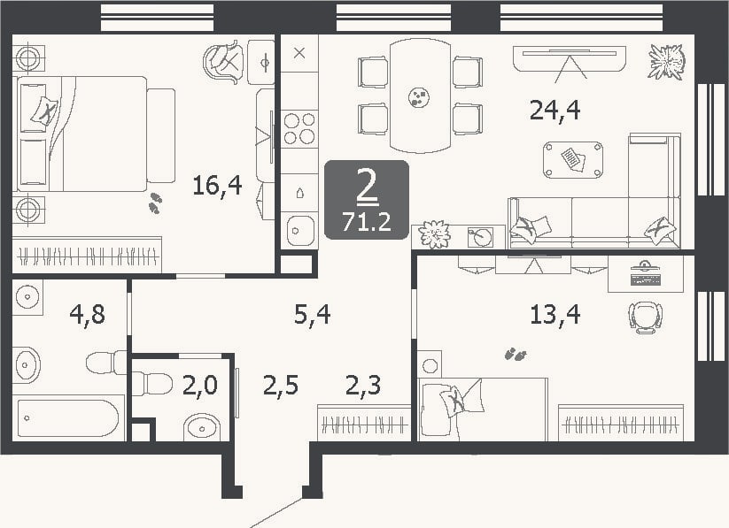 Планировка: 3-к, 71,2 м²