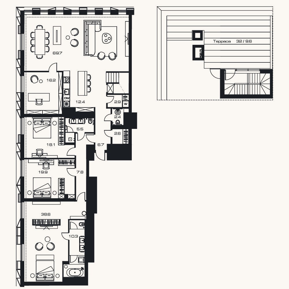 Планировка: 4+ к, 221,8 м²