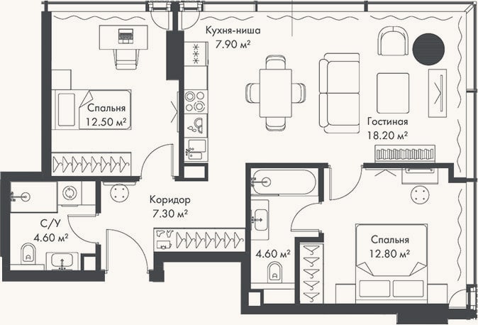 Планировка: 3-к, 67,9 м²