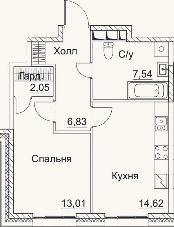 Планировка: 1-к, 44,1 м²