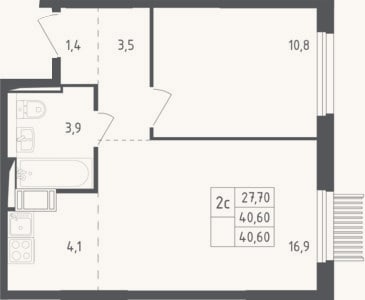 Планировка: 2-к, 40,6 м²