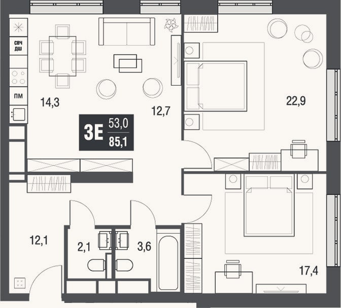 Планировка: 3-к, 85,1 м²