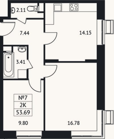 Планировка: 2-к, 53,7 м²