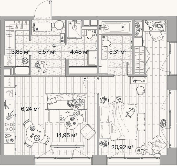 Планировка: 2-к, 61,3 м²