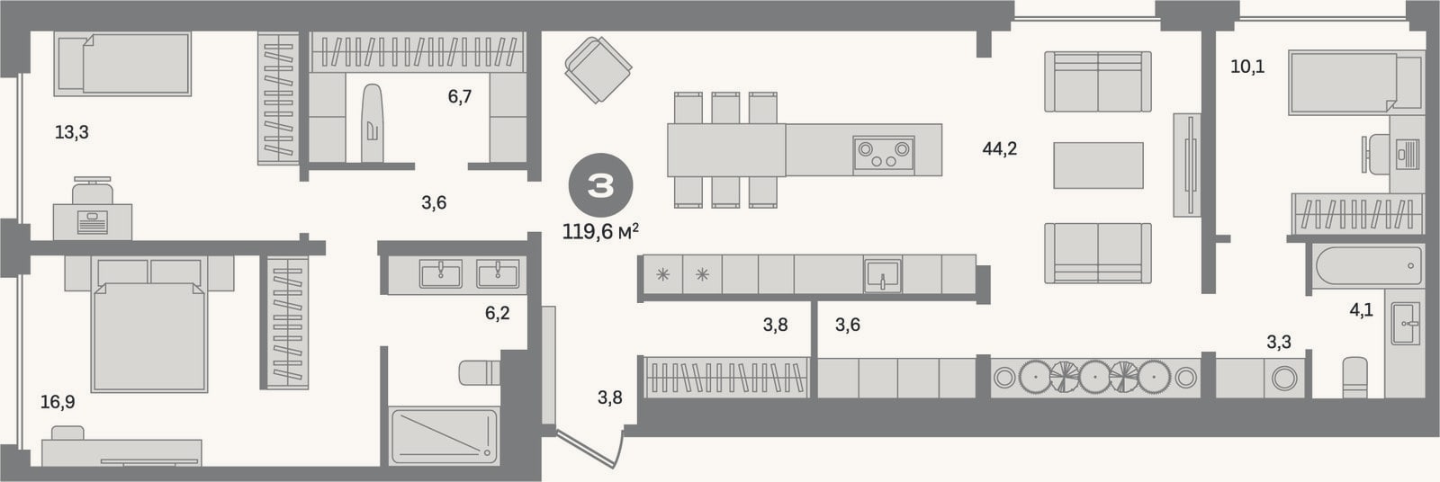 Планировка: 3-к, 119,6 м²