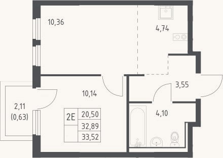 Планировка: 2-к, 32,9 м²