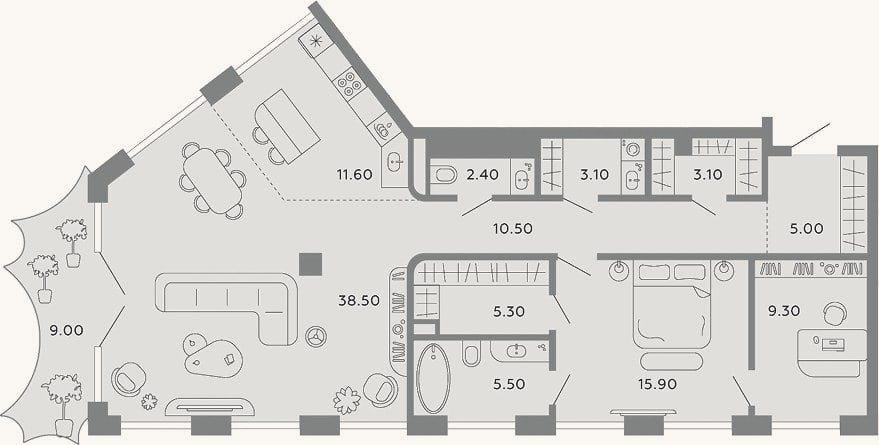 Планировка: 2-к, 116,5 м²