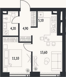 Планировка: 2-к, 40,1 м²