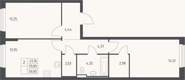 Планировка: 2-к, 59,9 м²