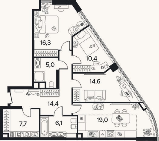 Планировка: 3-к, 93 м²