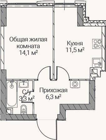 Планировка: 1-к, 35,2 м²