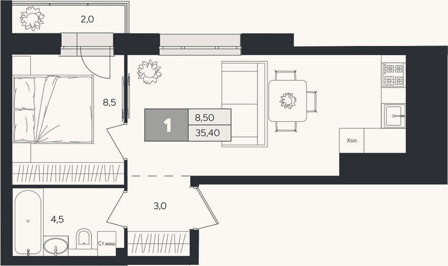 Планировка: 1-к, 34,8 м²