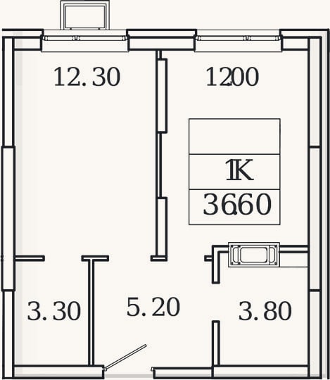 Планировка: 1-к, 36,6 м²