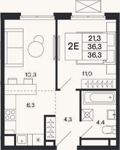 Планировка: 2-к, 36,3 м²