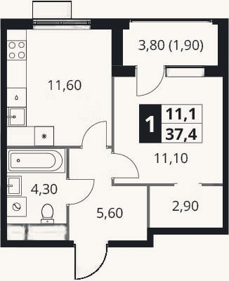Планировка: 1-к, 35,5 м²