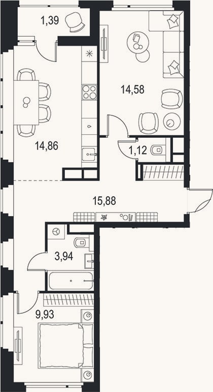 Планировка: 2-к, 60,3 м²