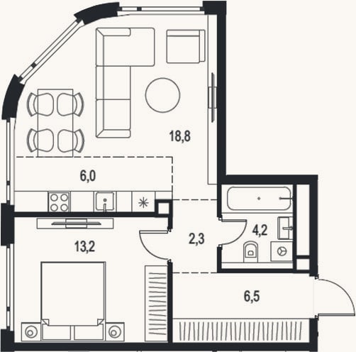 Планировка: 2-к, 51 м²