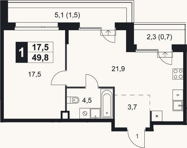 Планировка: 1-к, 47,6 м²
