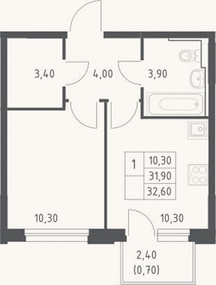 Планировка: 1-к, 31,9 м²