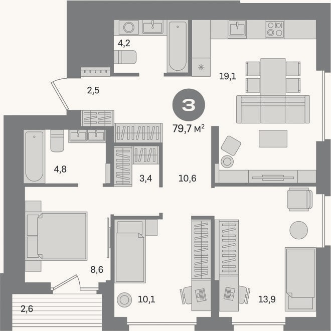Планировка: 3-к, 77,1 м²