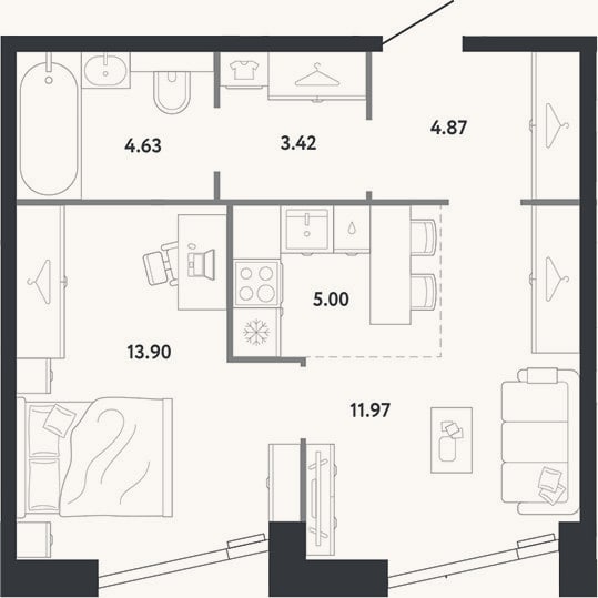 Планировка: 1-к, 43,8 м²
