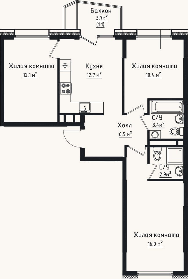 Планировка: 3-к, 64 м²