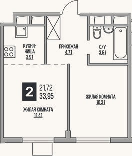 Планировка: 2-к, 34 м²