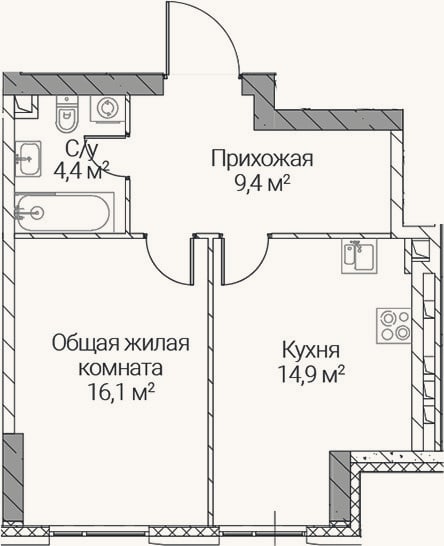 Планировка: 1-к, 44,8 м²