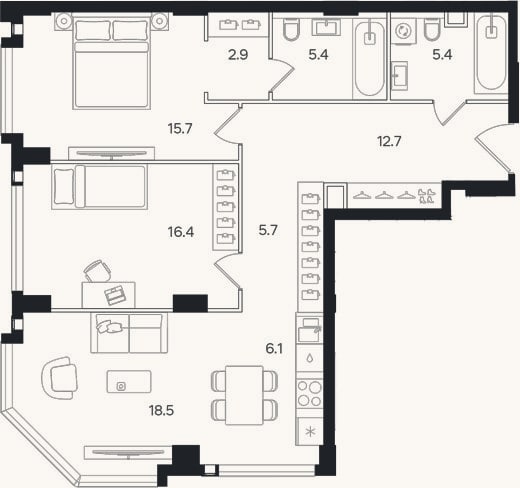 Планировка: 3-к, 88,8 м²