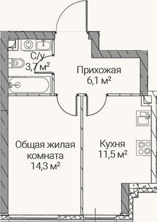 Планировка: 1-к, 35,6 м²