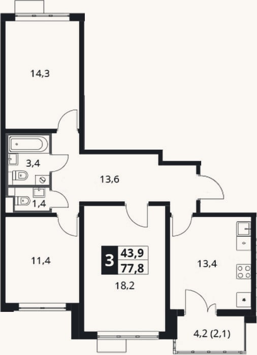 Планировка: 3-к, 75,7 м²