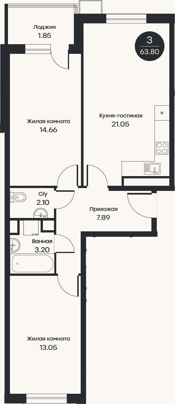 Планировка: 3-к, 62 м²
