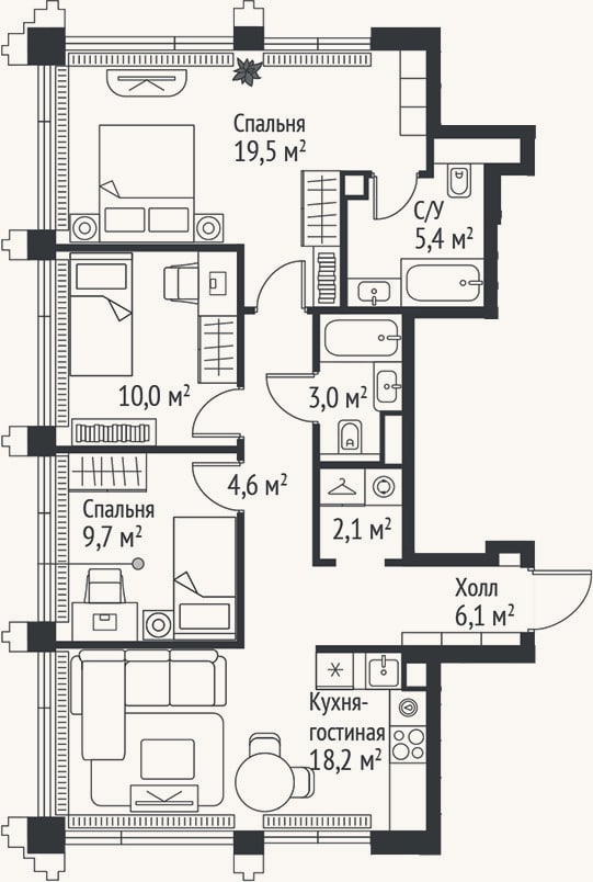 Планировка: 4+ к, 78,6 м²
