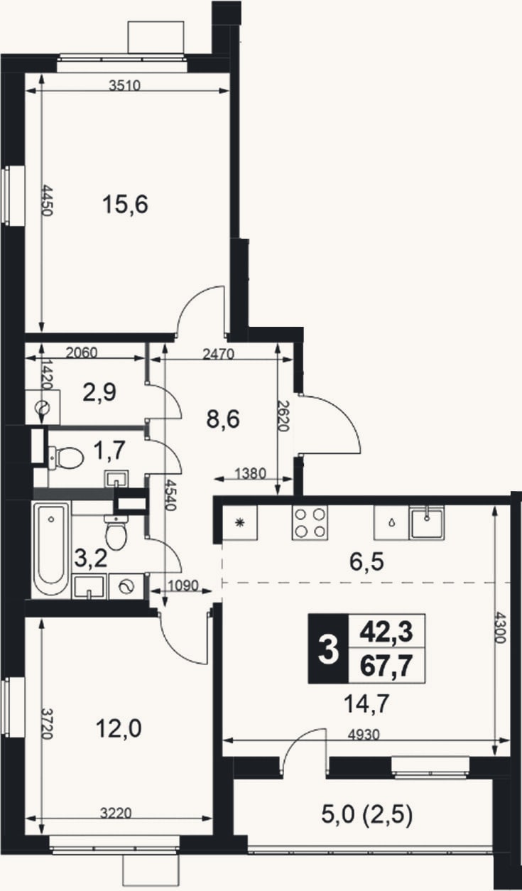 Планировка: 3-к, 65,2 м²