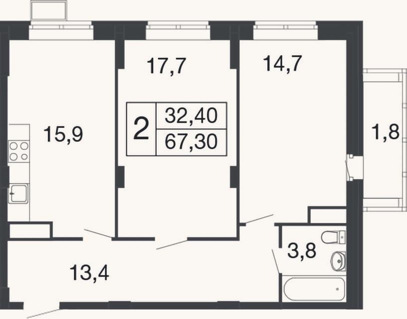 Планировка: 2-к, 65,5 м²