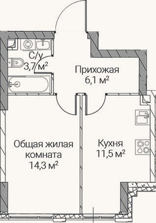 Планировка: 1-к, 35,6 м²