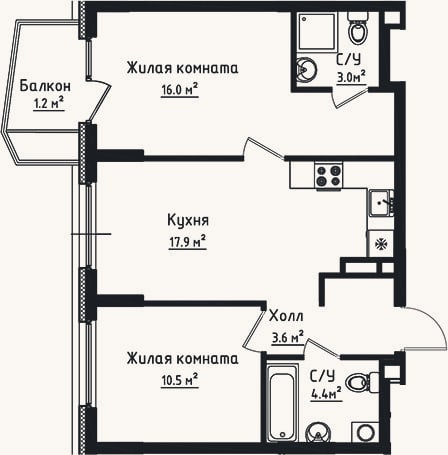 Планировка: 2-к, 55,4 м²