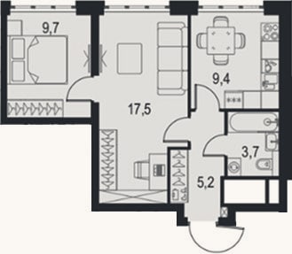 Планировка: 2-к, 45,5 м²