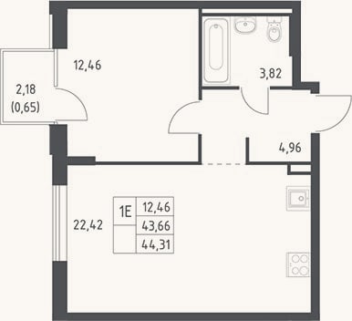 Планировка: 2-к, 43,7 м²