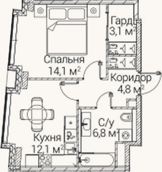 Планировка: 1-к, 40,9 м²