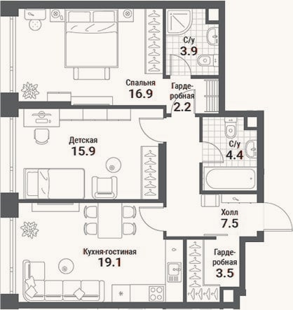 Планировка: 3-к, 73,4 м²