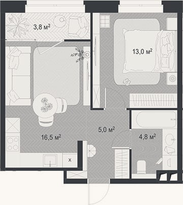 Планировка: 2-к, 39,3 м²