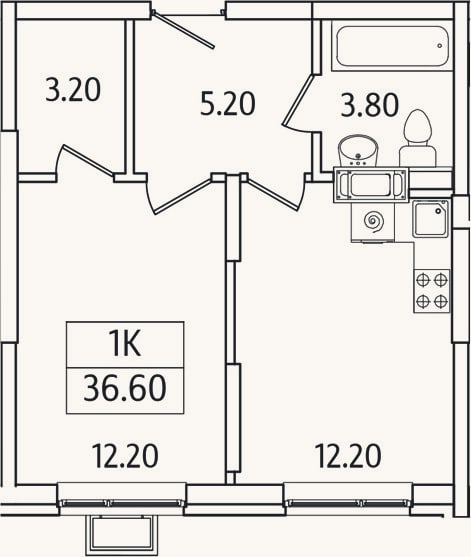 Планировка: 1-к, 36,6 м²