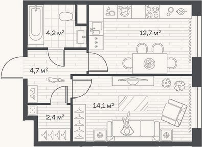 Планировка: 1-к, 38,1 м²