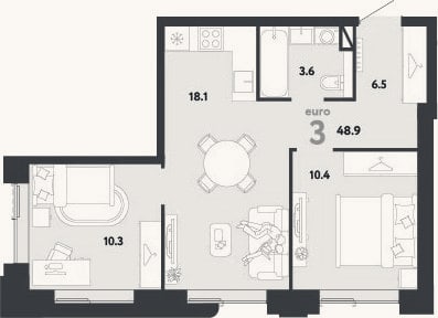 Планировка: 3-к, 48,9 м²