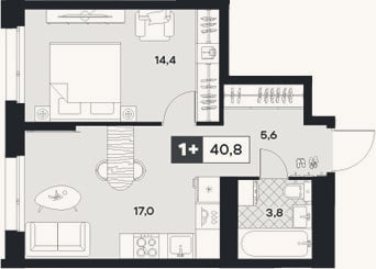Планировка: 1-к, 40,8 м²
