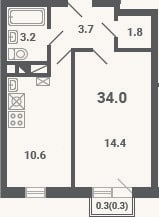 Планировка: 1-к, 33,7 м²